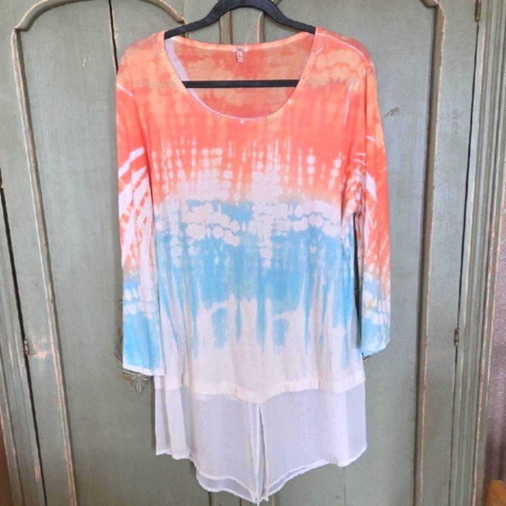 Reba Coral and Sky Blue Tunic